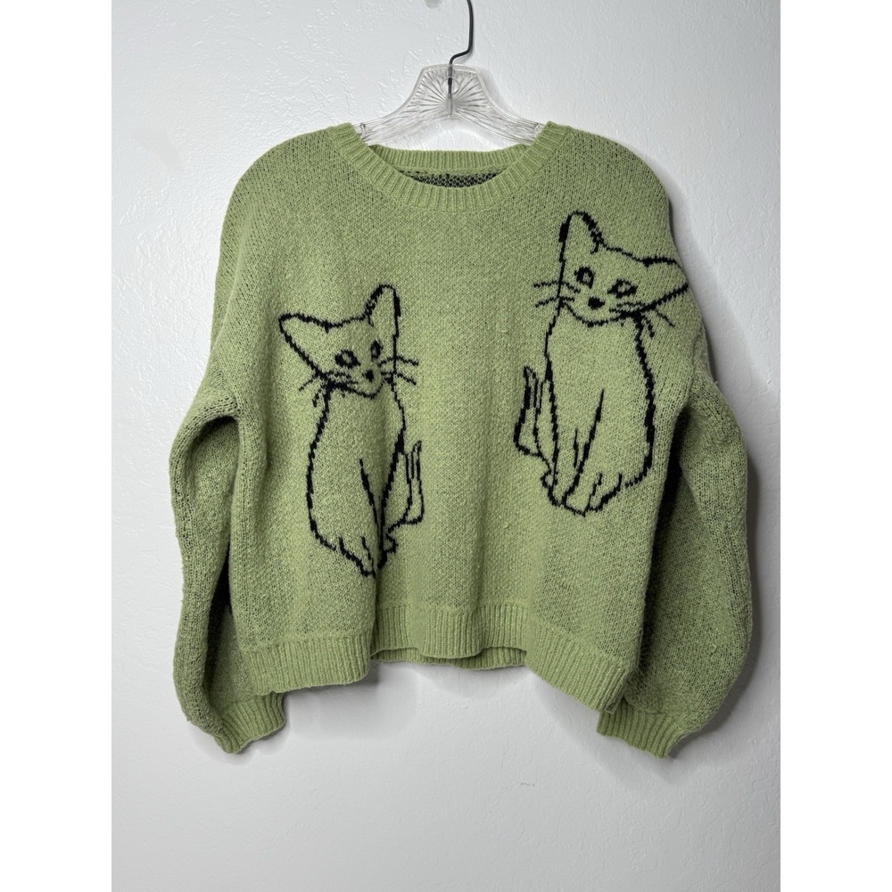 Shein Crop Woven Cat Kitten Sweater Girls‎ Women's Size S/4 Quirky Modern Green